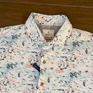 Johnnie-O Hangin Out Mens Small White Coastal Nautical Sailboat Print Shirt NEW
